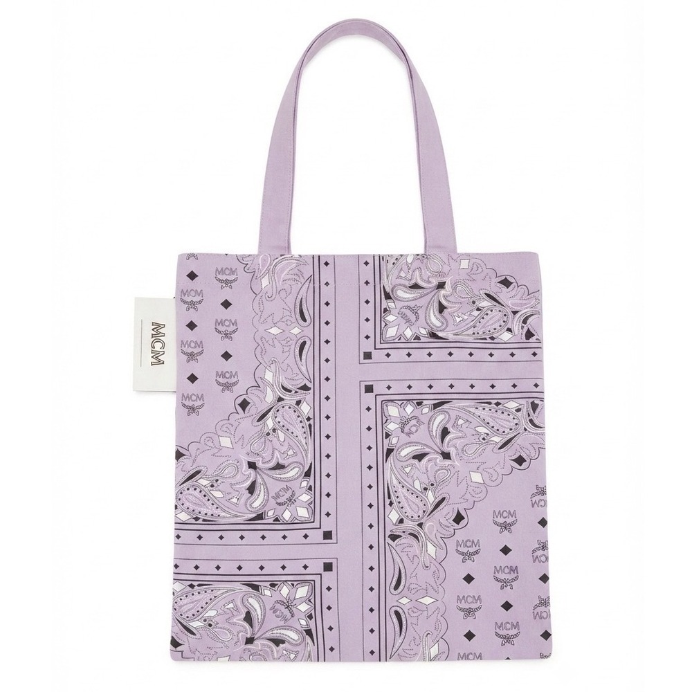MCM Bandana Print Canvas Tote Bag Lilac Purple Paisley Monogram Shopper NEW